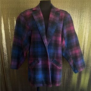 1970s WOOL TRUE VINTAGE SUPER THICK PURPLE AND BLUE PLAID FLANNEL COAT JACKET